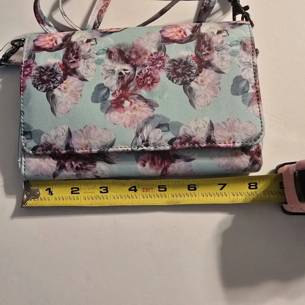Floral Crossbody Wallet Bag Mint Green Pink Purple Faux Leather Small Handbag